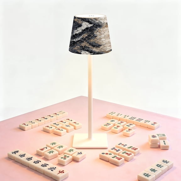 Mahjong Table LED Lamp, Abstract Snake Skin Black Beige White, Cordless Touch Control 3 Color Dimmable Rechargeable Light, Bedside Nightstand Decor Gift for Mahjong Lover