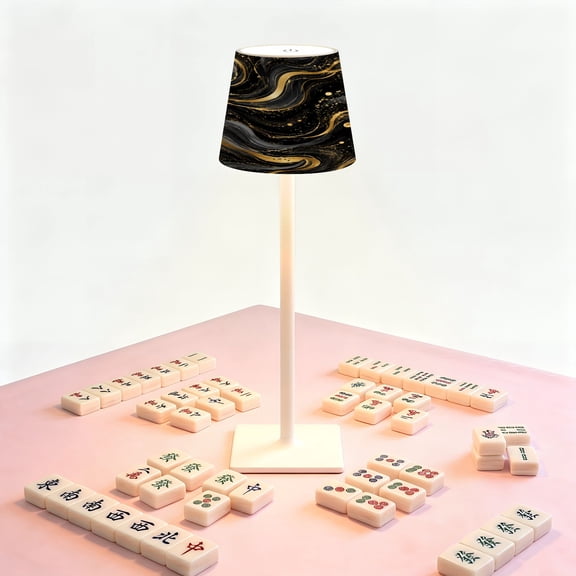 Mahjong Table LED Lamp, Black Gold Gold Marble Abstract Gold Marble Swirling Base, Cordless Touch Control 3 Color Dimmable Rechargeable Light, Bedside Nightstand Decor Gift for Mahjong Lover