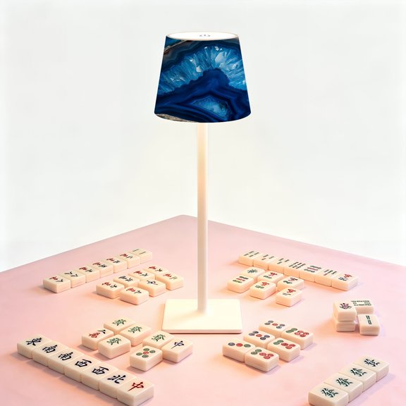 Mahjong Table LED Lamp, Blue Agate Crystal Slice Geode Layered, Cordless Touch Control 3 Color Dimmable Rechargeable Light, Bedside Nightstand Decor Gift for Mahjong Lover