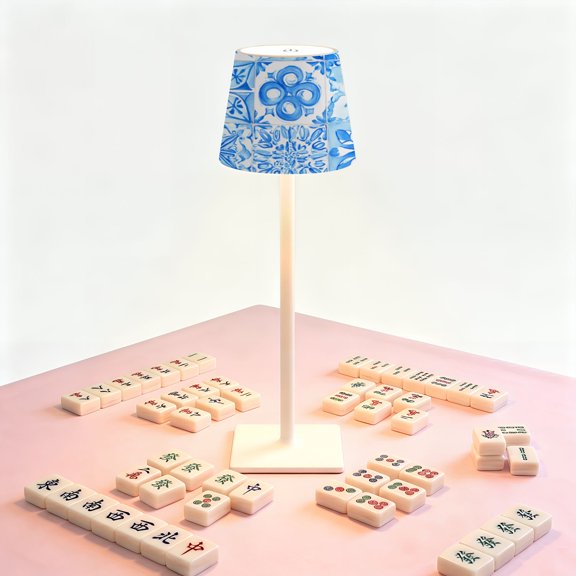 Mahjong Table LED Lamp, Blue White Mediterranean Tile, Cordless Touch Control 3 Color Dimmable Rechargeable Light, Bedside Nightstand Decor Gift for Mahjong Lover