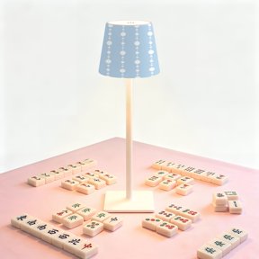 Mahjong Table LED Lamp, Blue White Polka Dots Vertical Stripe Soft Pastel Minimal , Cordless Touch Control 3 Color Dimmable Rechargeable Light, Bedside Nightstand Decor Gift for Mahjong Lover