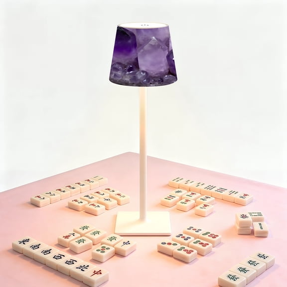 Mahjong Table LED Lamp, Cluster Purple Amethyst Crystals Natural Shine, Cordless Touch Control 3 Color Dimmable Rechargeable Light, Bedside Nightstand Decor Gift for Mahjong Lover