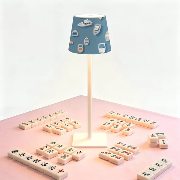 Mahjong Table LED Lamp, Colorful Boats Yachts Blue Water Nautical Marine, Cordless Touch Control 3 Color Dimmable Rechargeable Light, Bedside Nightstand Decor Gift for Mahjong Lover