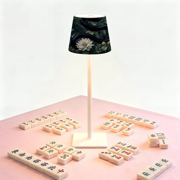 Mahjong Table LED Lamp, Dark Botanical Black Snake White Flowers, Cordless Touch Control 3 Color Dimmable Rechargeable Light, Bedside Nightstand Decor Gift for Mahjong Lover