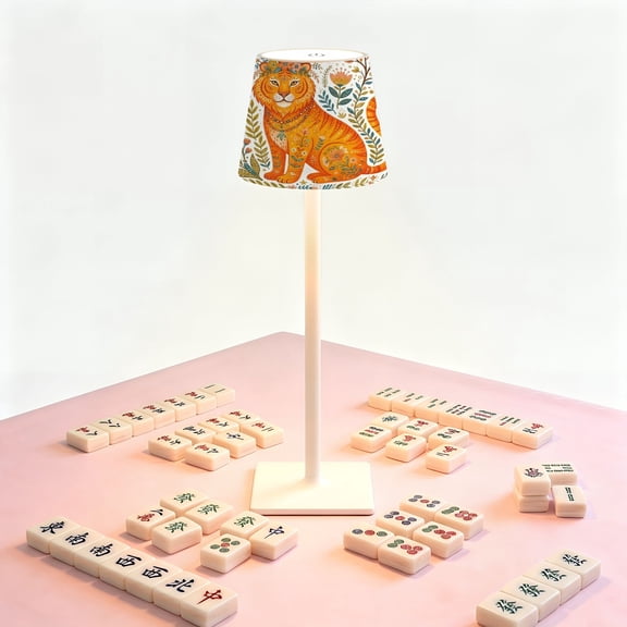 Mahjong Table LED Lamp, Floral Tiger Colorful Botanical Vibrant, Cordless Touch Control 3 Color Dimmable Rechargeable Light, Bedside Nightstand Decor Gift for Mahjong Lover