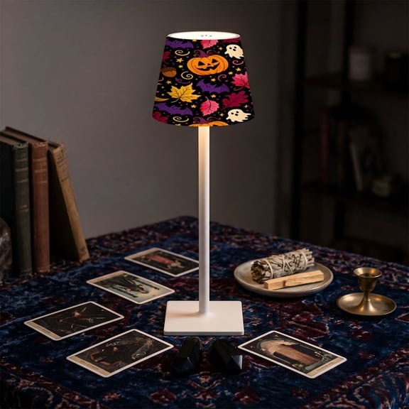 Mahjong Table LED Lamp, Halloween Decorations Colorful Halloween O Lantern Autumn Leaves Night Sky, Cordless Touch Control 3 Color Dimmable Rechargeable Light, Bedside Nightstand Decor Gifts