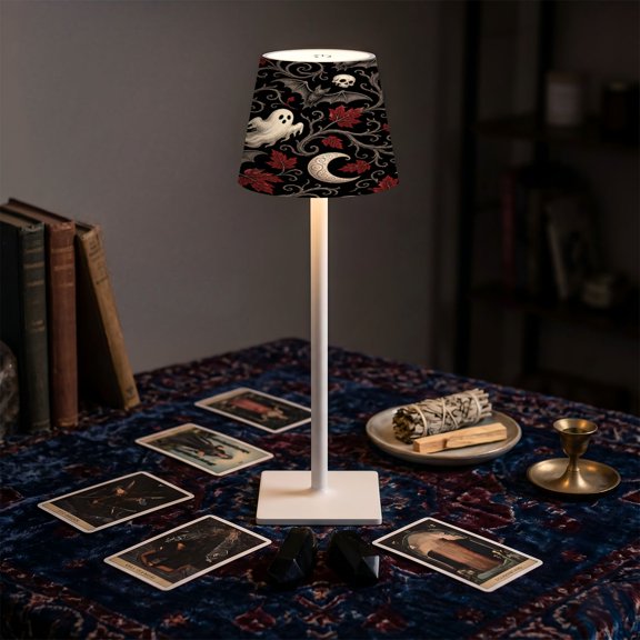 Mahjong Table LED Lamp, Halloween Decorations Halloween Ghost Floating Gothic Red Ornate Frame Skulls Bats, Cordless Touch Control 3 Color Dimmable Rechargeable Light, Bedside Nightstand Decor Gifts