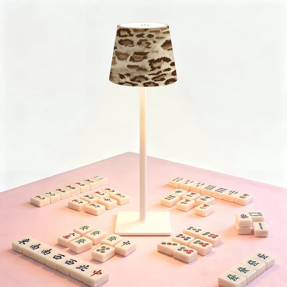 Mahjong Table LED Lamp, Leopard Print Brown Beige Fur, Cordless Touch Control 3 Color Dimmable Rechargeable Light, Bedside Nightstand Decor Gift for Mahjong Lover