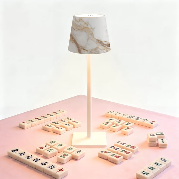 Mahjong Table LED Lamp, Luxurious White Beige Marble Natural Veining, Cordless Touch Control 3 Color Dimmable Rechargeable Light, Bedside Nightstand Decor Gift for Mahjong Lover