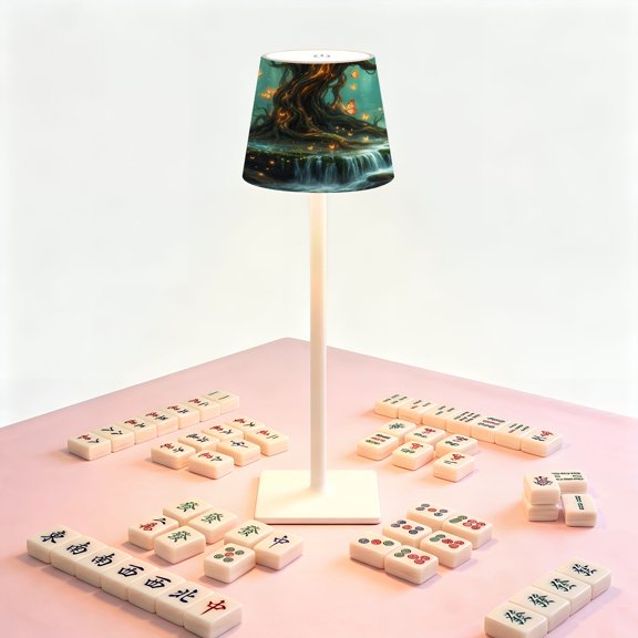 Mahjong Table LED Lamp, Magical Tree Glowing Lanterns Butterflies Mystical Forest, Cordless Touch Control 3 Color Dimmable Rechargeable Light, Bedside Nightstand Decor Gift for Mahjong Lover