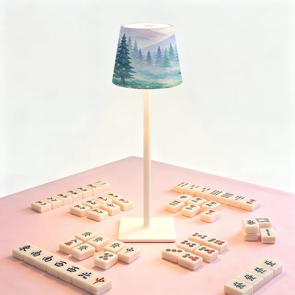 Mahjong Table LED Lamp, Mystical Twilight Forest Purple Blue Green Hues, Cordless Touch Control 3 Color Dimmable Rechargeable Light, Bedside Nightstand Decor Gift for Mahjong Lover
