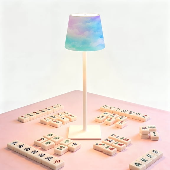 Mahjong Table LED Lamp, Pastel Watercolor Cloud Gradient Abstract Soft Pink Blue Mint, Cordless Touch Control 3 Color Dimmable Rechargeable Light, Bedside Nightstand Decor Gift for Mahjong Lover