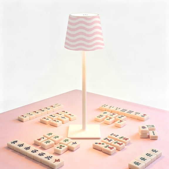 Mahjong Table LED Lamp, Pink Cream Wavy Stripe Minimalist Retro Style, Cordless Touch Control 3 Color Dimmable Rechargeable Light, Bedside Nightstand Decor Gift for Mahjong Lover