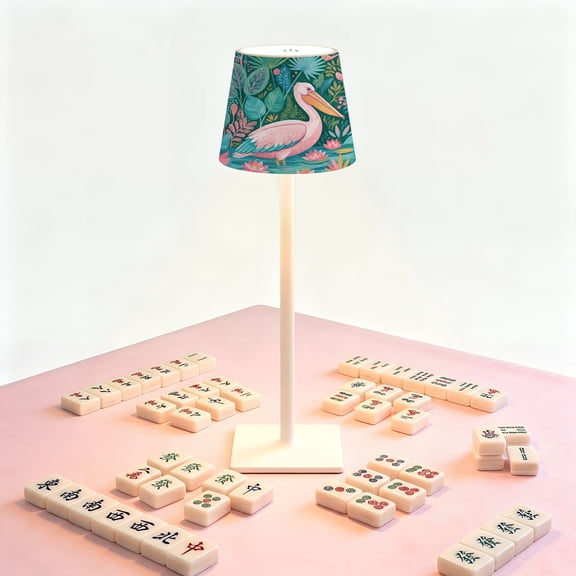 Mahjong Table LED Lamp, Pink Pelican Tropical Jungle Vibrant Leaf Flowers, Cordless Touch Control 3 Color Dimmable Rechargeable Light, Bedside Nightstand Decor Gift for Mahjong Lover