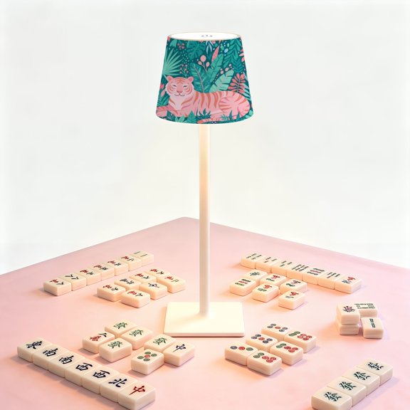 Mahjong Table LED Lamp, Pink Tiger Relaxing Tropical Leaves Exotic Foliage, Cordless Touch Control 3 Color Dimmable Rechargeable Light, Bedside Nightstand Decor Gift for Mahjong Lover