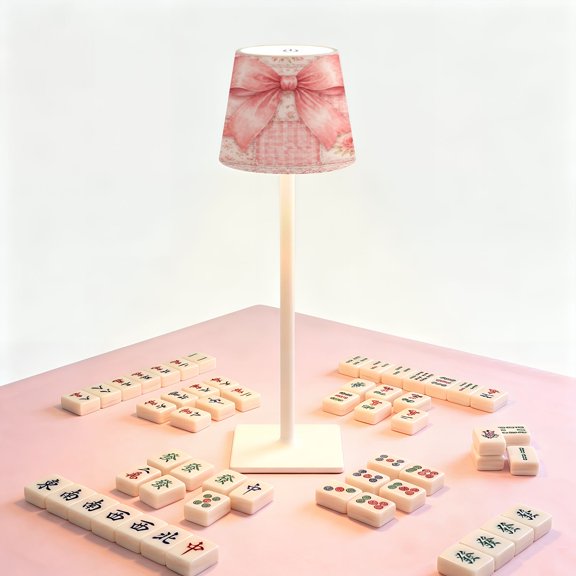 Mahjong Table LED Lamp, Pink Watercolor Bow Floral Patchwork, Cordless Touch Control 3 Color Dimmable Rechargeable Light, Bedside Nightstand Decor Gift for Mahjong Lover
