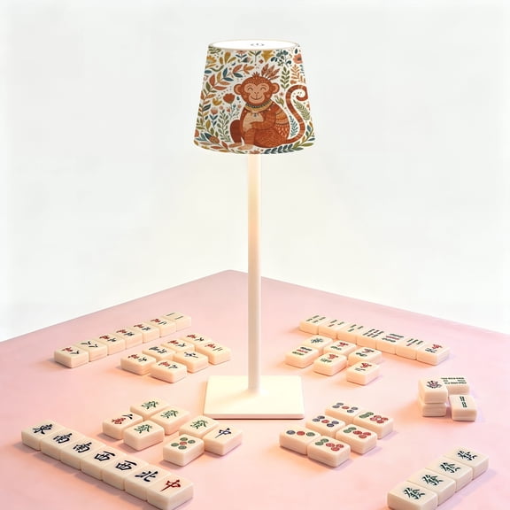 Mahjong Table LED Lamp, Playful Monkey Boho Floral, Cordless Touch Control 3 Color Dimmable Rechargeable Light, Bedside Nightstand Decor Gift for Mahjong Lover