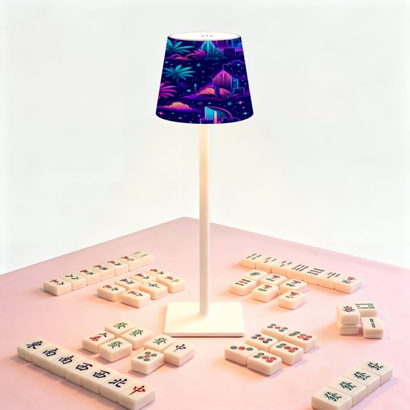 Mahjong Table LED Lamp, Punk City UV Reactive City Cityscape Palm Trees Colors, Cordless Touch Control 3 Color Dimmable Rechargeable Light, Bedside Nightstand Decor Gift for Mahjong Lover
