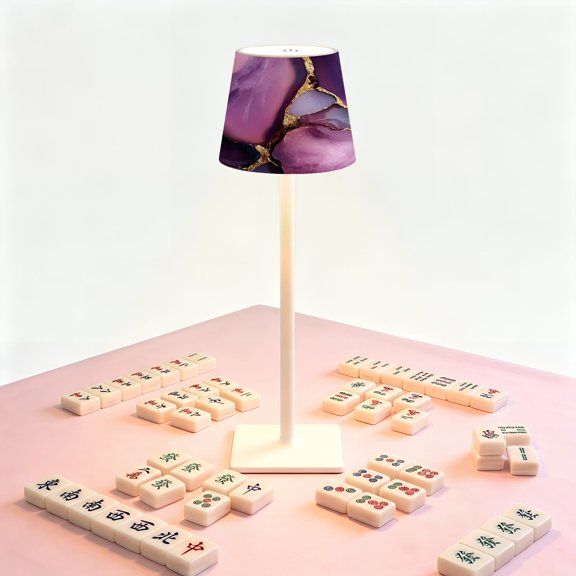 Mahjong Table LED Lamp, Purple Agate Gold Veins Abstract Design, Cordless Touch Control 3 Color Dimmable Rechargeable Light, Bedside Nightstand Decor Gift for Mahjong Lover