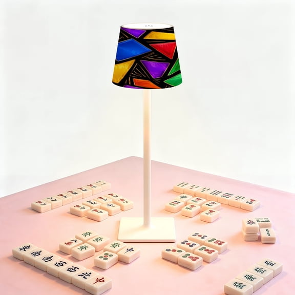 Mahjong Table LED Lamp, Rainbow Stained Glass, Cordless Touch Control 3 Color Dimmable Rechargeable Light, Bedside Nightstand Decor Gift for Mahjong Lover