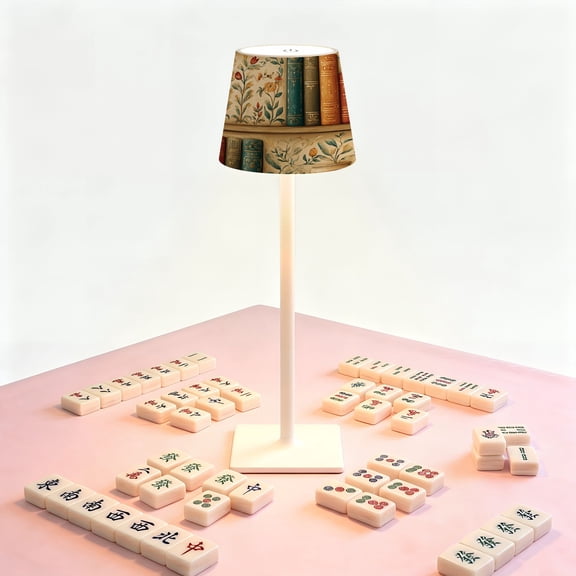 Mahjong Table LED Lamp, Vintage Bookshelf, Cordless Touch Control 3 Color Dimmable Rechargeable Light, Bedside Nightstand Decor Gift for Mahjong Lover