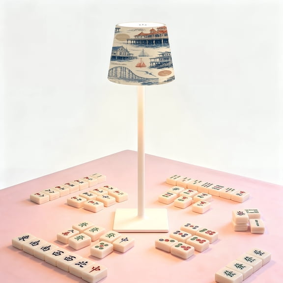 Mahjong Table LED Lamp, Vintage Coastal Amusement Park Collage, Cordless Touch Control 3 Color Dimmable Rechargeable Light, Bedside Nightstand Decor Gift for Mahjong Lover