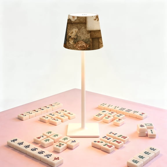 Mahjong Table LED Lamp, Vintage Floral Patchwork, Cordless Touch Control 3 Color Dimmable Rechargeable Light, Bedside Nightstand Decor Gift for Mahjong Lover