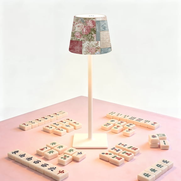 Mahjong Table LED Lamp, Vintage Floral Patchwork Roses, Cordless Touch Control 3 Color Dimmable Rechargeable Light, Bedside Nightstand Decor Gift for Mahjong Lover