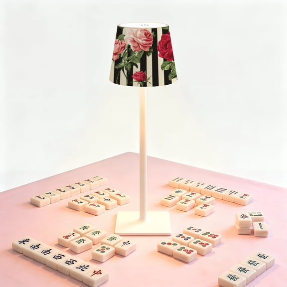 Mahjong Table LED Lamp, Vintage Floral Red Pink Roses, Cordless Touch Control 3 Color Dimmable Rechargeable Light, Bedside Nightstand Decor Gift for Mahjong Lover