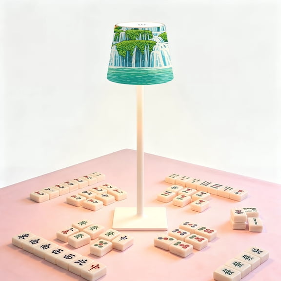 Mahjong Table LED Lamp, Waterfall Nature Landscape Green Forest Moss Rocks Greenery, Cordless Touch Control 3 Color Dimmable Rechargeable Light, Bedside Nightstand Decor Gift for Mahjong Lover