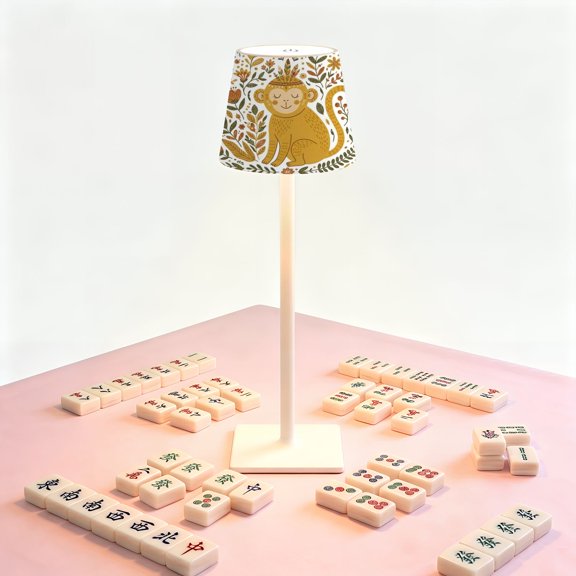 Mahjong Table LED Lamp, Whimsical Monkey Floral Earth Tones, Cordless Touch Control 3 Color Dimmable Rechargeable Light, Bedside Nightstand Decor Gift for Mahjong Lover