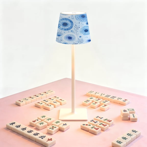 Mahjong Table LED Lamp, blue watercolor abstract circles dandelion light , Cordless Touch Control 3 Color Dimmable Rechargeable Light, Bedside Nightstand Decor Gift for Mahjong Lover