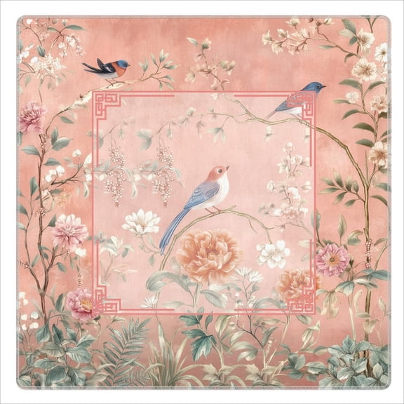 Mahjong Table Mat 33 x 33 Inch, Non-Slip Noise Reducing Chinoiserie Bird Peony Floral Mahjong Table Cover with Storage Bag, Pink Oriental Garden Game Table Pad, Card Game Mat