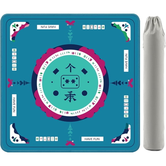 Mahjong Table Mat for American Mahjong, Neoprene Non-Slip Noise Reduction Mat with Printed Rules, 32.4 x 32.4 Inch Blue Table Cover for Poker, Cards & Board Games