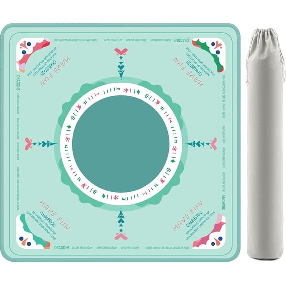 Mahjong Table Mat for American Mahjong, Neoprene Non-Slip Noise Reduction Mat with Printed Rules, 32.4 x 32.4 Inch Cyan Table Cover for Poker, Cards & Board Games