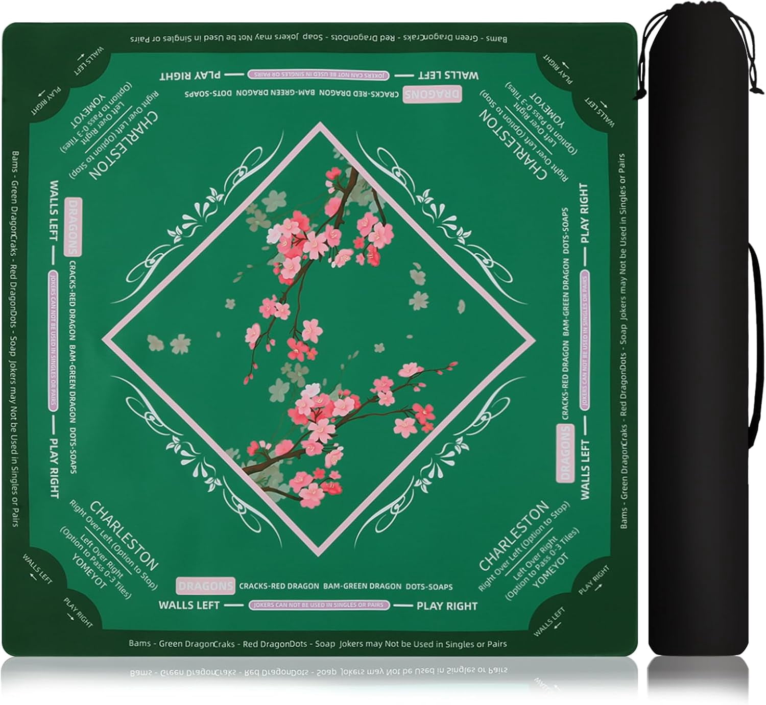 Mahjong Table Mat with Rubber Non Slip Backing Comfortable Smooth Surface Mahjong Playing Mat for All Sorts of Games Water Resistant Dark Green Plum Blossoms Design Mahjong Gift for Women and Men