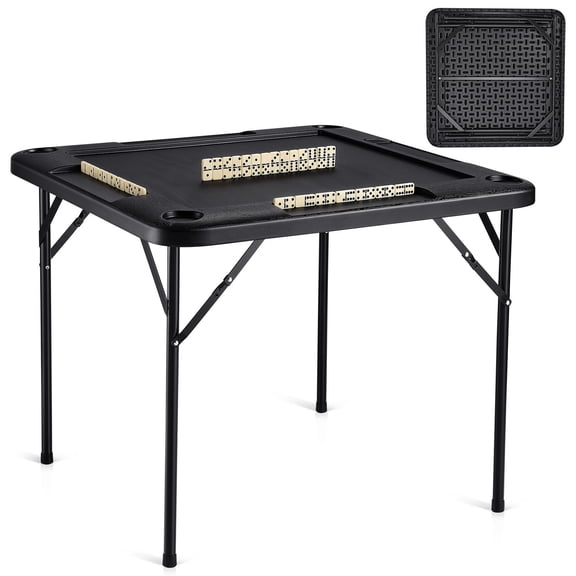 Mahjong Table, Square 4 Player Folding Card Table with 4 Cup Holders & 4 Chip Trays, Portable Domino Game Table with 1 Set of Dominoes for Mahjong Poke Puzzles, 35.4 x 35.4-inch, Black