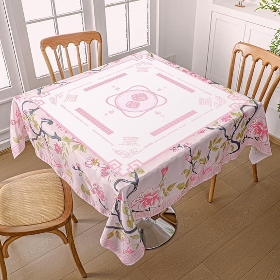 Mahjong Tablecloth 55x55 Inch, Waterproof Floral Game Table Mat for Mahjong, Card Games, Texas Hold'em, Rummy Tiles, Square Table Cover for 4-6 Players (Pink Floral)