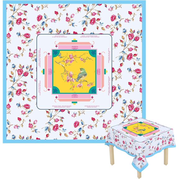Mahjong Tablecloth with Game Rules, 55" x 55" Light Flower Birds