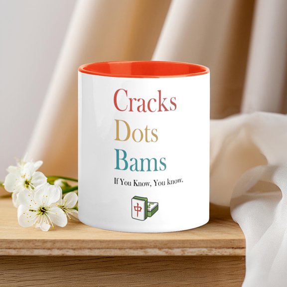 Mahjong Terminology Graphic Coffee Mug, Cracks Dots Bams Design Two Tone Orange Interior 11oz Cup