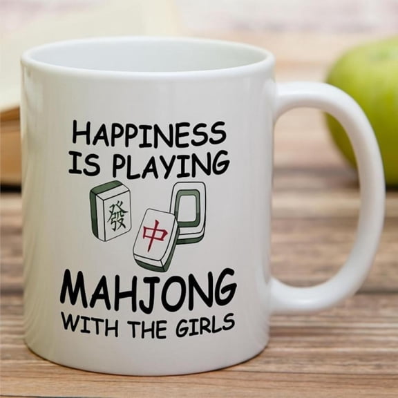 Mahjong Themed Ceramic Coffee Mug Insulated Travel Cup with Mahjong Tiles Chinese Characters Happiness is Playing Mahjong with Girls Slogan Dishwasher Ideal Mahjong Players Birthdays