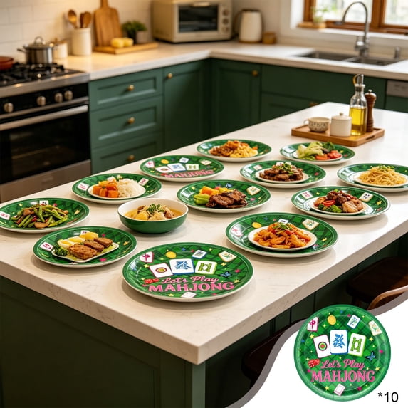 Mahjong Themed Party Tableware Set Paper Plates Napkins Cups Tablecloth for Game Night Gathering Asian Style Celebration