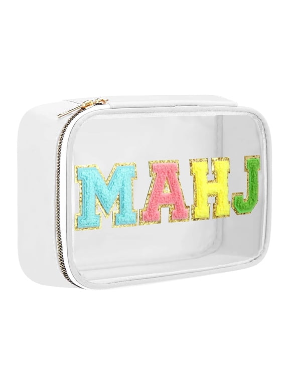 Mahjong Tile Bag Clear PVC Pouch - 1PC Zippered Mahjong Storage Case with Chenille MAHJ Patches, Travel Toiletry Makeup Organizer, White
