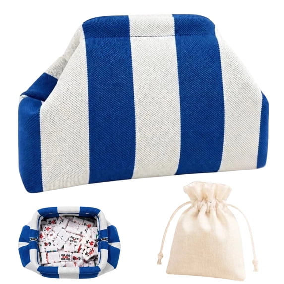 Large Capacity Striped Mahjong Tile Bag with Dice Pouch, Woven Crossbody Mahjong Organizer, Portable Mahjong Accessories Storage Bag for Women Game Night Gift, Blue