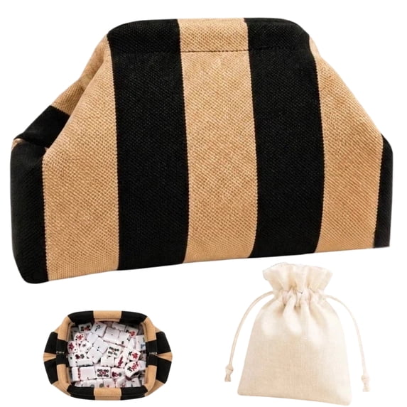 Large Capacity Striped Mahjong Tile Bag with Dice Pouch, Woven Crossbody Mahjong Organizer, Portable Mahjong Accessories Storage Bag for Women Game Night Gift, Dark coffee brown