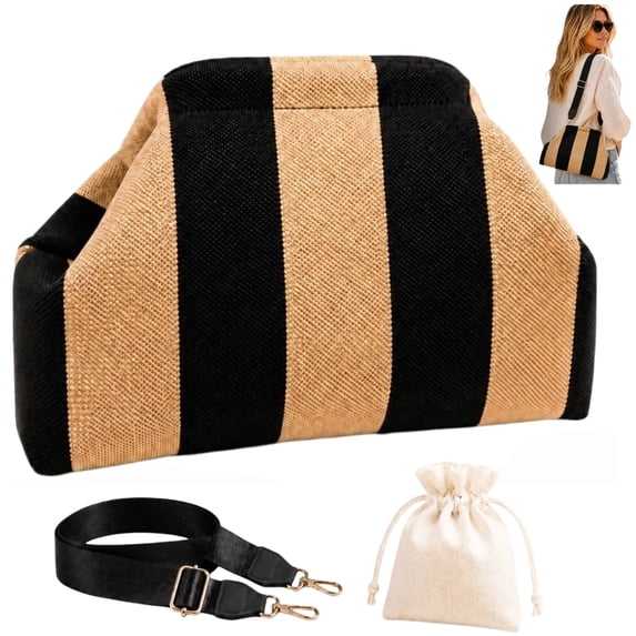 Mahjong Tile Bag, Women's Woven Striped Dumpling Clutch Purse, Large Capacity Beach Crossbody Bag with Detachable Strap and Dice Pouch
