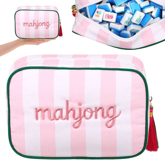 Mahjong Tile Bag for Multiple Tiles Striped Embroidered Mahjong Storage Case Thickened Polyester with Zipper for Traveling Game Night