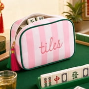 Mahjong Tile Bag with Zipper for 166 Tiles, Portable Embroidered Mahjong Storage Pouch for Board Game Night and Travel, Striped Blue Case