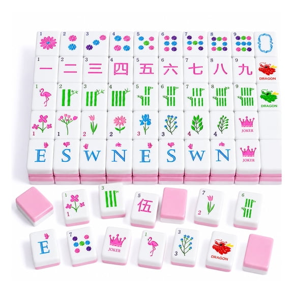 Mahjong Tile Set 160 Acrylic Engraved American Mahjong Game Sets | Pink Blossom Series 1.2” Mah Jongg Tiles with 6 Dice PU Bag Accessories Gifts for Majong Players Beginners