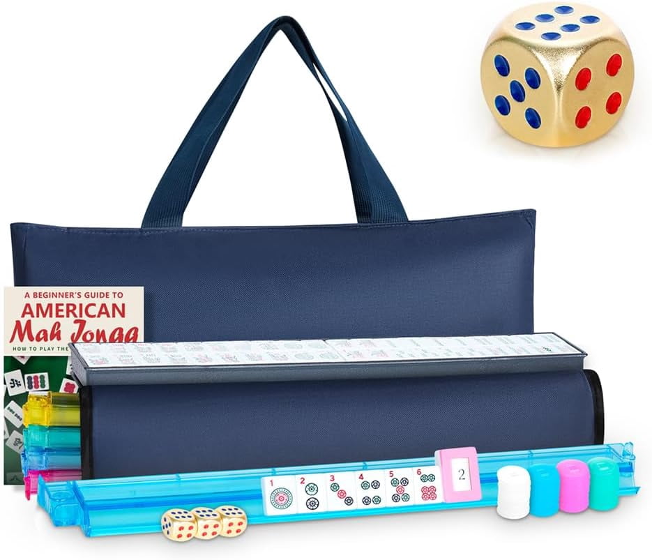 Mahjong Tile Set with Bag – 166 White Tiles, Golden Dice, 4 All-in-One Racks with Pushers, Blue (Travel Set)